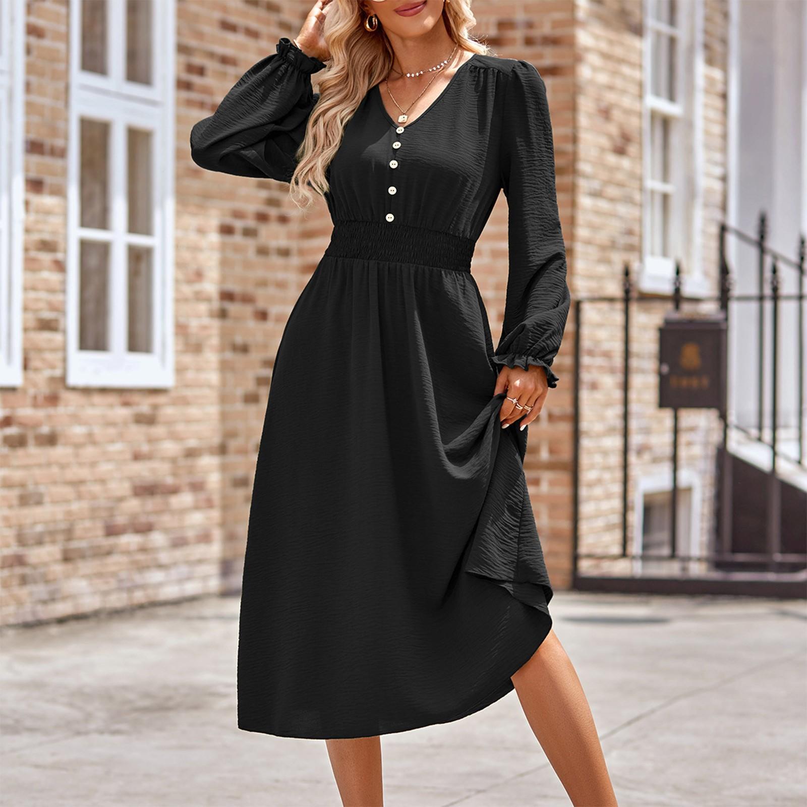 

Женское повседневное и модное осенне-зимнее однотонное платье средней длины с v-образным вырезом и поясом M чёрный