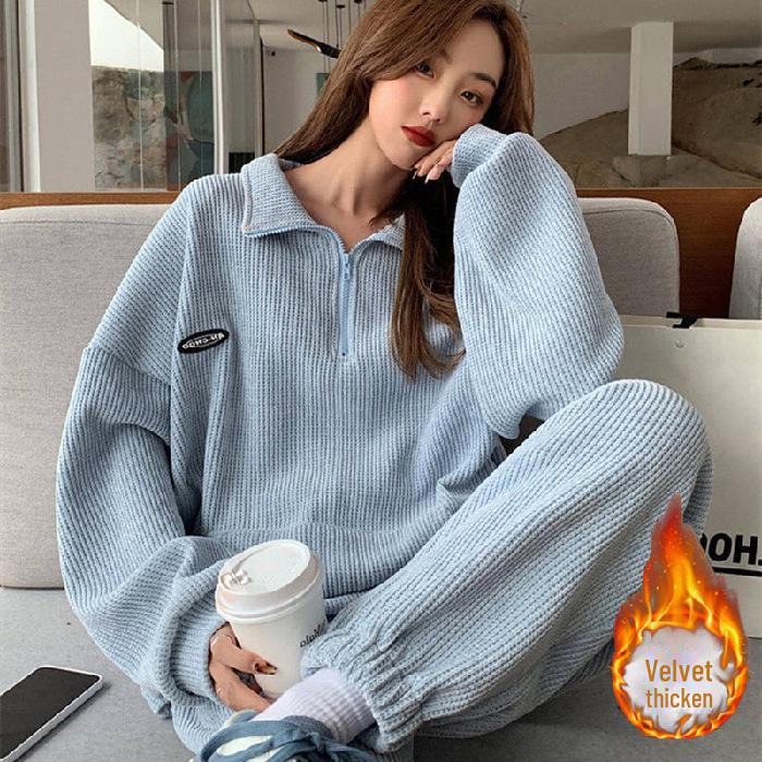 

Женская спортивная одежда из плюша и плотной ткани осень/зима 2023 г.: Свободный повседневный костюм-двойка в корейском стиле для студентов S синий