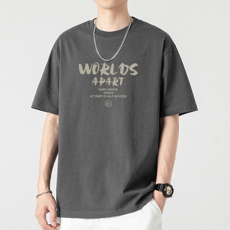 Herren Oversized Khaki T-Shirt - "WORLDS APART" Letter Print Lässiges Streetwear Top
