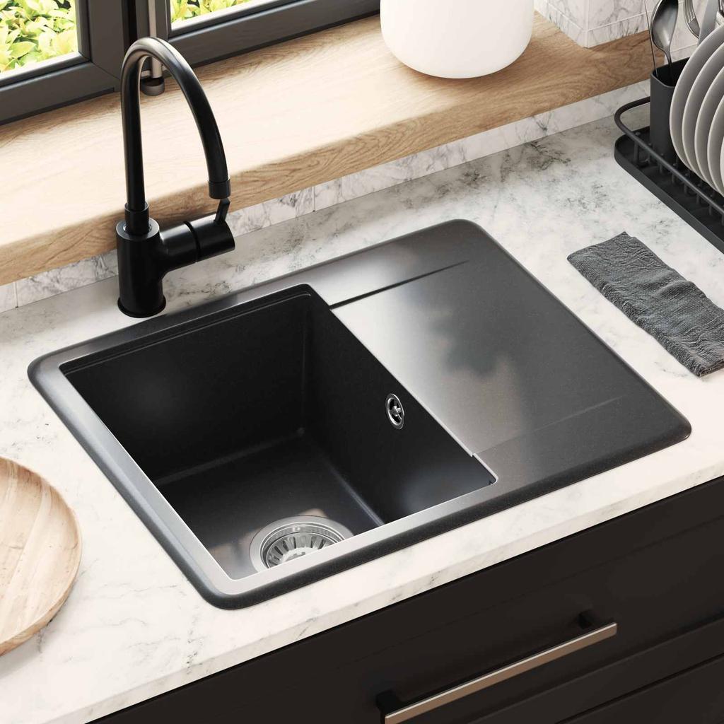 Black Kitchen Sink 560 X 460 Mm Made of 80percent Quartz and 20percent Resin