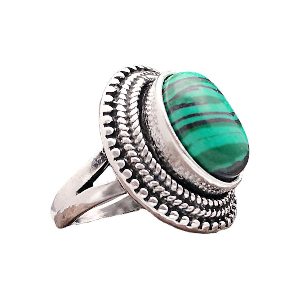 Oval Malachite Rings for Women Antique Silver Plated Rhinestone Plum Flower Vintage Fashion Jewelry