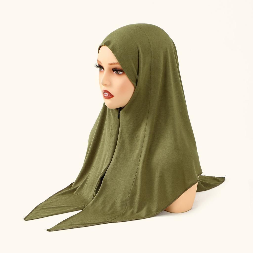 Zipper Design Muslim Hijab Solid Gray Instant Scarf Practical & Modest Islamic Headscarf for Women's Ethnic Fashion & Daily Use
