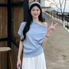 Laoqian Feng's Outfit: Plaid Collar, Ruffled Collar, Shoulder-slit, Knitted Short-sleeved T-shirt, Women's Summer Irregularly Cut Off-shoulder Top