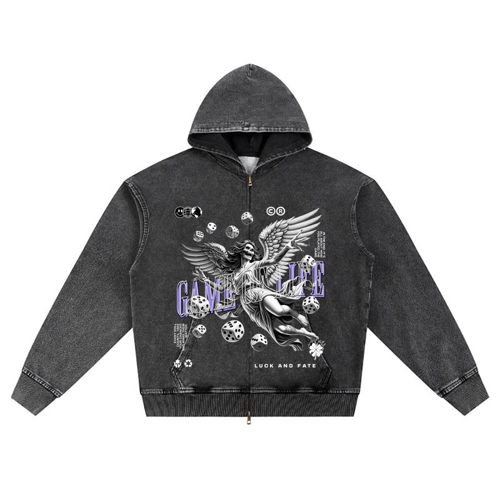 DTG print Knitted Denim Zip-Up Hoodie Game Of Life Brother Print Zipper Hoodies  