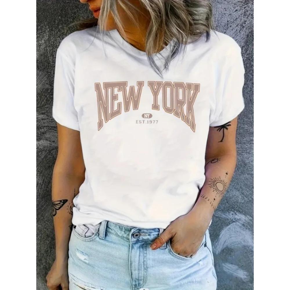Sommer New York Letter Print Baumwoll-T-Shirt Y2K Damen Täglich Locker Oberteil Lässig Plus Rundhals Kurzarm-T-Shirt