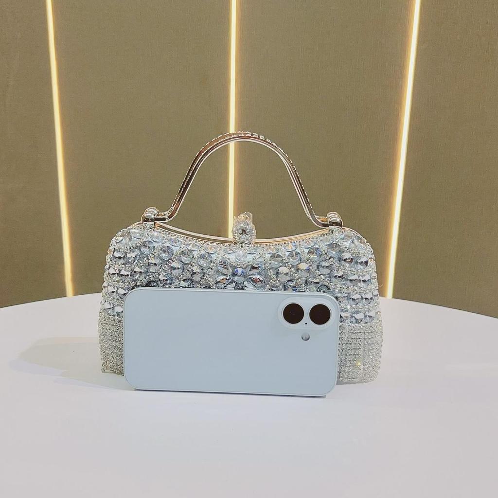 Rhinestone Tassel Evening Clutch with Metal Handle, Sparkly Party Handbag for Women