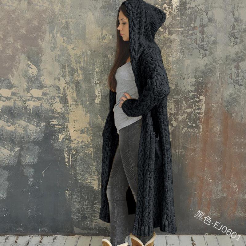 Women's Hood Neck Long Sleeve Cardigan Sweater Cape Fit British Style Solid Color Cable Knit Lazy Casual Commuter Long Knit Coat