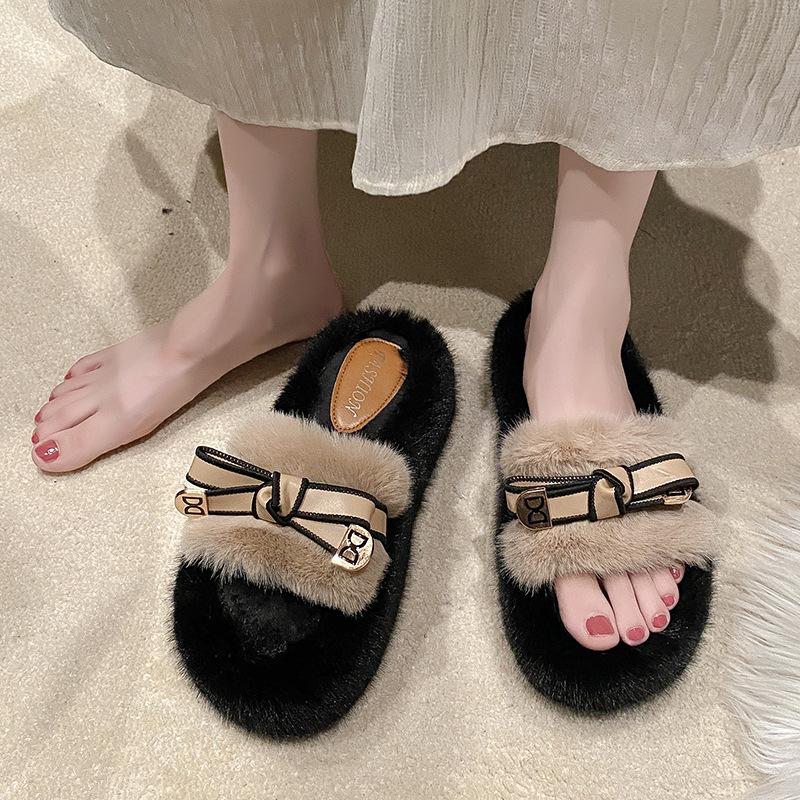 Nischendesign flauschige Hausschuhe Damen Outdoor 2025 Frühling und Herbst neu High-End dicker Boden erhöhend Ein-Wort Baumwollhausschuhe