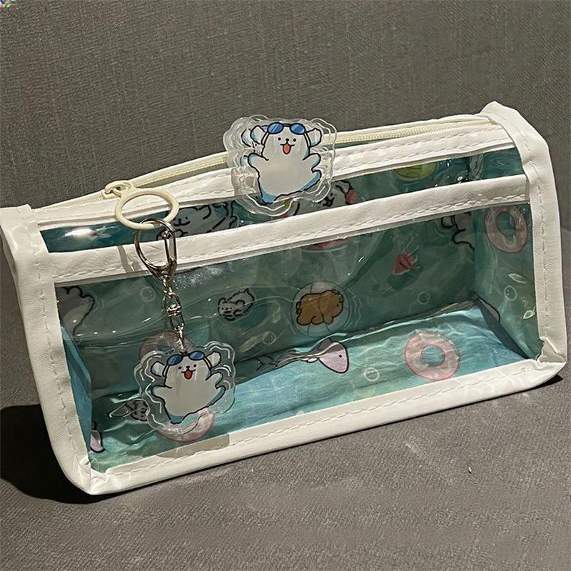 Swimming Line Puppy Double-layer Pencil Case Transparent Love Wind Double-layer Large-capacity Student Stationery Storage Pencil Case