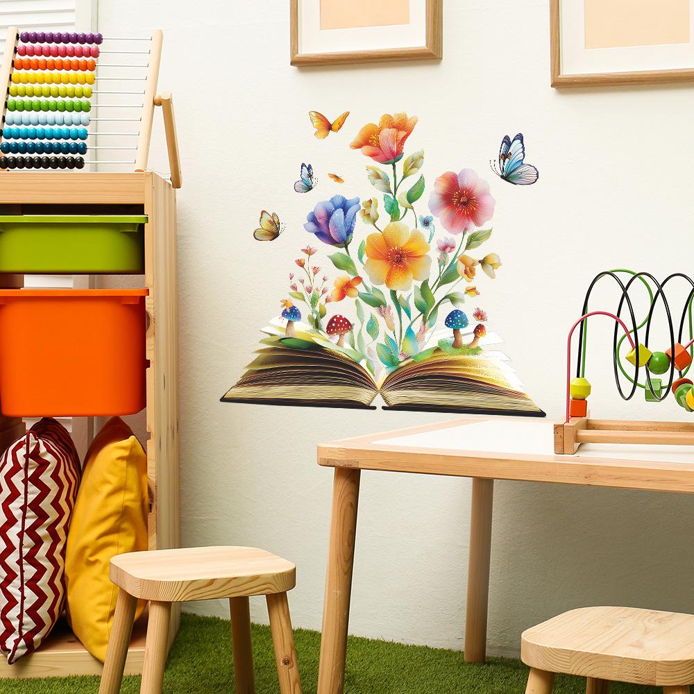 Creative Dreamy Flower and Book Butterfly Living Room and Study Decoration and Beautification Stickers