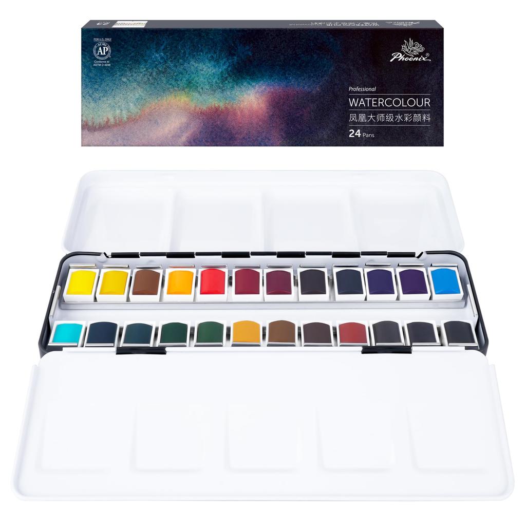 PHOENIX Professional Watercolor Paint Set 24 Color Half Pans Professional Quality Pigment Watercolors in Tin Box with Palette Compact Portable Travel