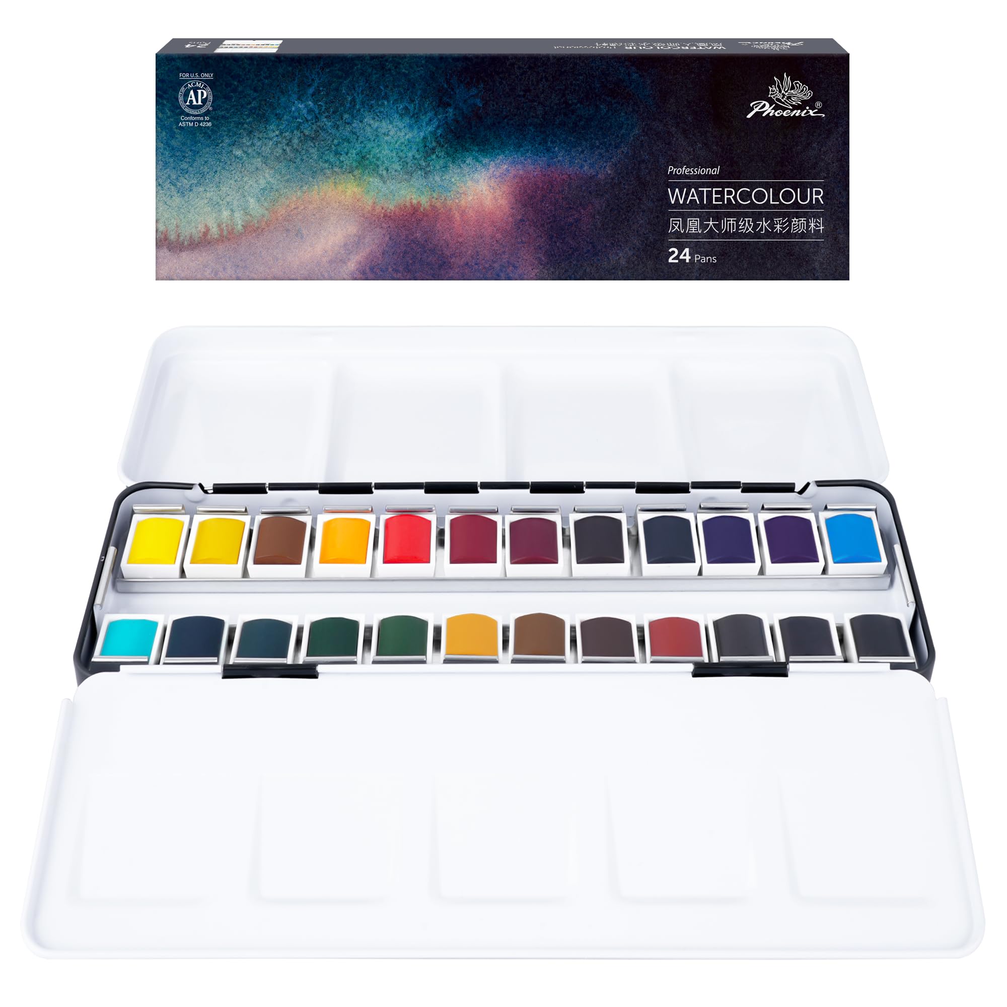 

Набір професійних акварельних фарб PHOENIX 24 кольори, половинки кювет, професійна якість, пігментні акварелі у металевій коробці з палітрою, компактний, портативний, для подорожей