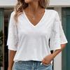 חולצת טי קיץ לנשים תחרה משולבת שרוול מתרחב חולצה בצבע אחיד צווארון וי שרוול קצר טופ