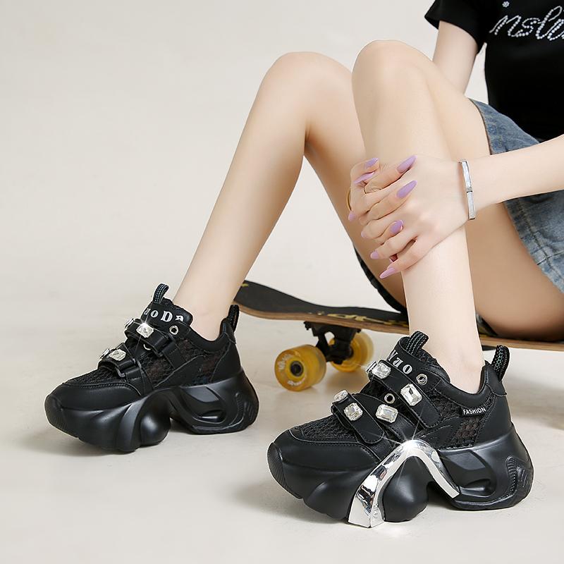 Fashion 8CM High Platform White Shoes Women New 2025 Summer Breathable Mesh Crystal Chunky Sneakers Designer Thick Sole Sports Shoes