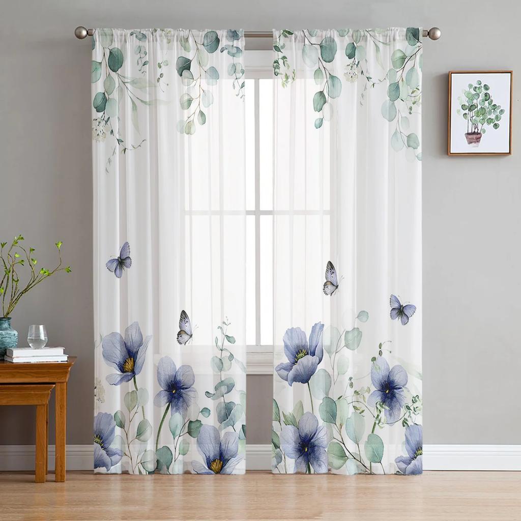 Rustic Vintage Tulip Flower Bird Sheer Curtains for Living Room Decoration Window Curtain Kitchen Tulle Voile Organza Drapes
