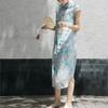 Vestido de estilo chino para mujer, vestido con botones Vintage de manga corta con estampado Floral de verano