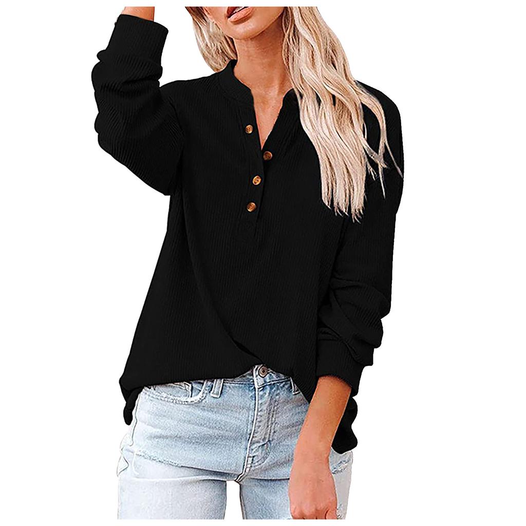 Women's Casual T-Shirt Buttons V-Neck Solid Long-sleeved Knitted Shirt Blouse Tops