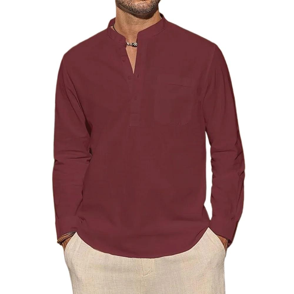 Herren Baumwoll-Leinen-Hemden Langarmhemd Lässige Strandhemden Henley T-Shirt Urlaubsoberteile mit Tasche Männer Streetwear
