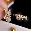 White Zircon Cute Small Cat Fishbone Black Eyes Hoop Earrings For Women Vintage Gold Color Ear Buckle Wedding Engagement Jewelry
