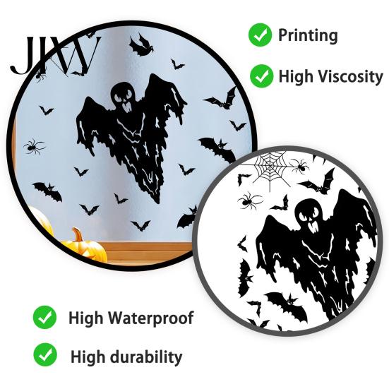 Living Room Wall Murals Halloween Static Sticker, with Witch/Ghost/Castle/Bat Horror Silhouette Patterns, Durable PVC Theme Home Decor Decals,