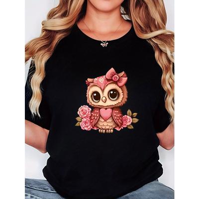 Damen Eule Rosa Schleife Blumendruck T-Shirt Schwarz Rundhals Kurzarm Ganzjahres Locker Elastisch Freizeit Urlaubs Maschinenwaschbar Oberteil