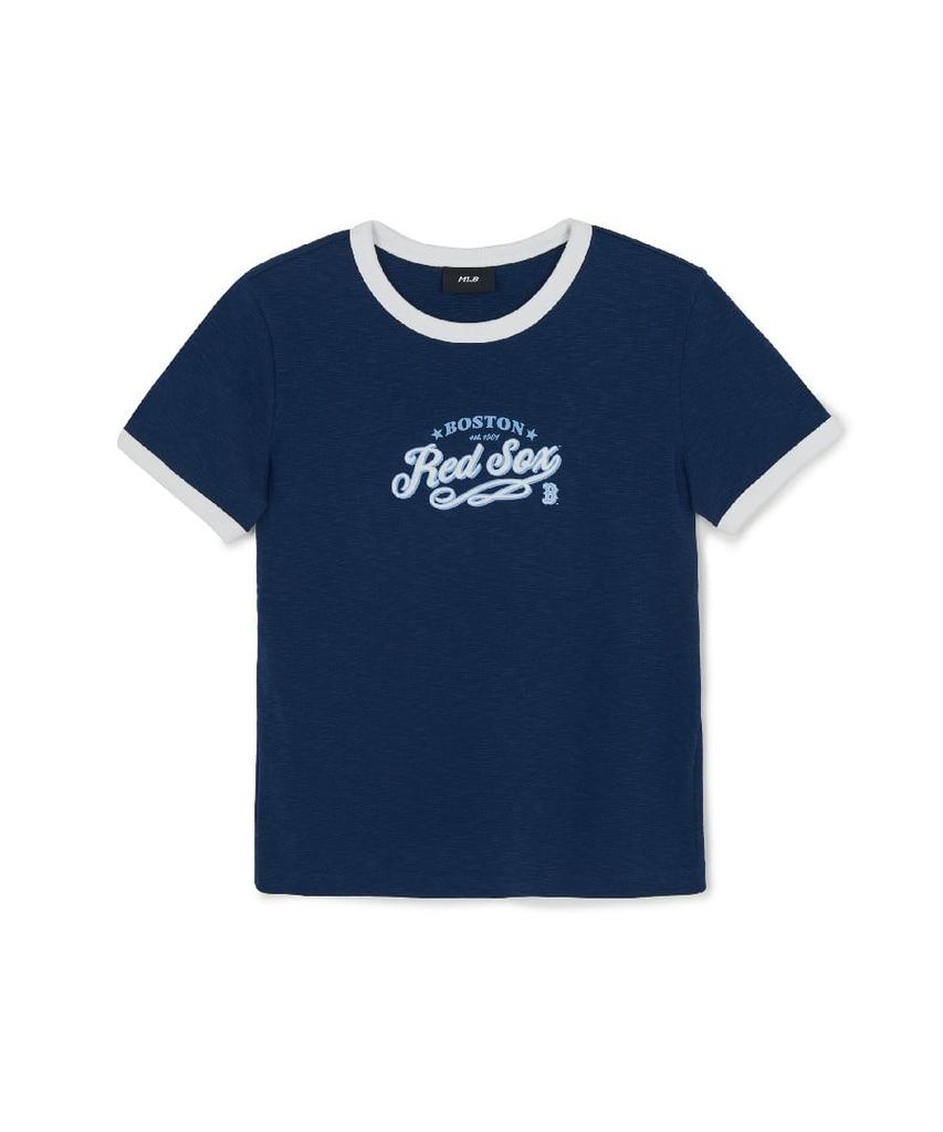 Emelbi Women'S Varsity Lettering Slim Slub Ringer T-Shirt Bos (D.Navy)