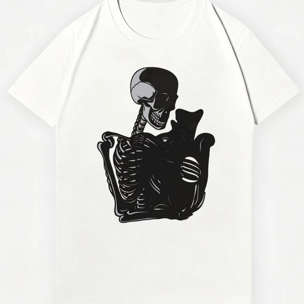 Skeleton Hugging Cat Gothic T-Shirt - Unisex Spooky Casual Tee 4XL