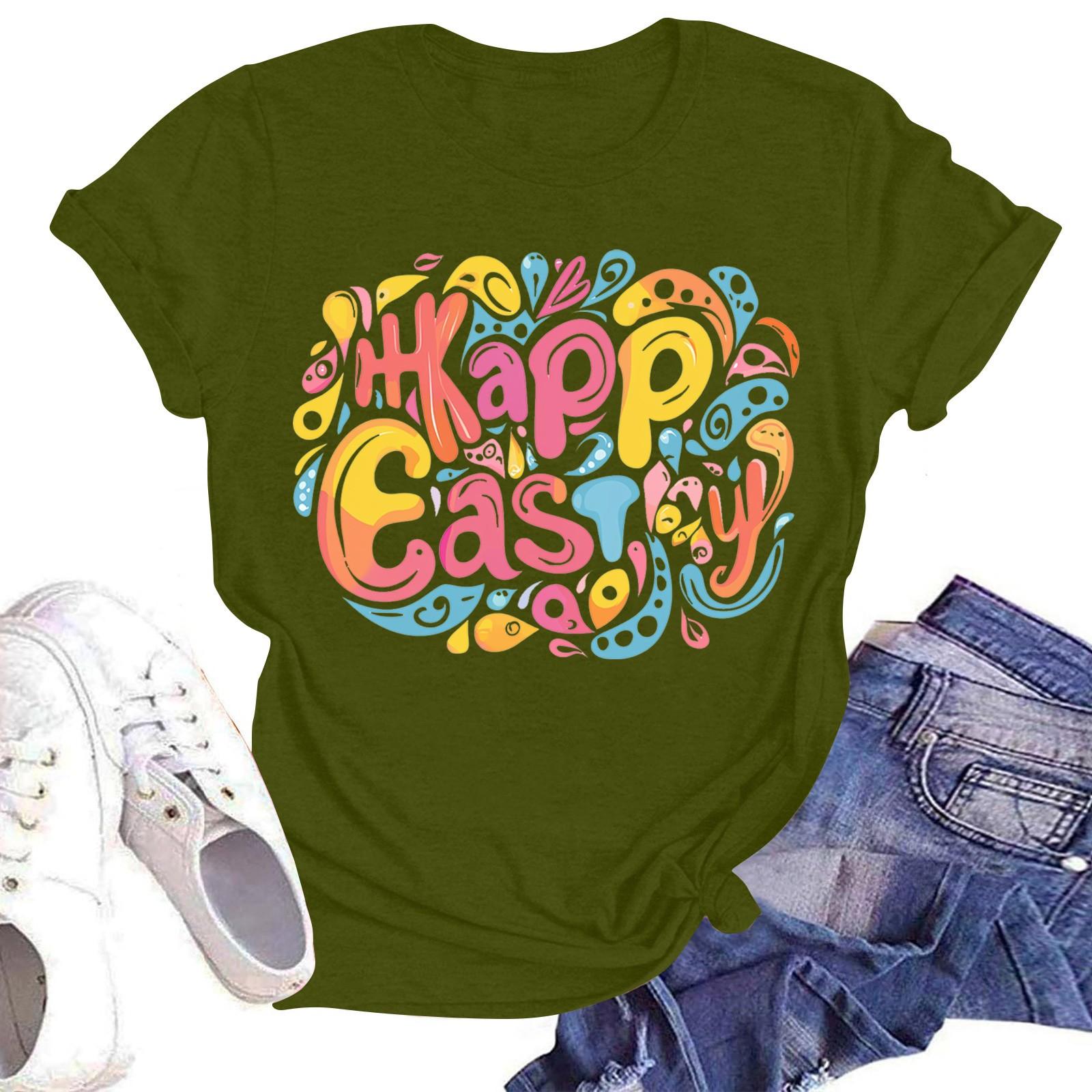 

Женская повседневная модная уличная футболка с коротким рукавом и принтом в виде Пасхи L армия зеленый