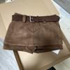 Maillard Style Women's High Waist Suede Plush Shorts with Belt - Coffee Color, Autumn/Winter Slimming Casual Pants