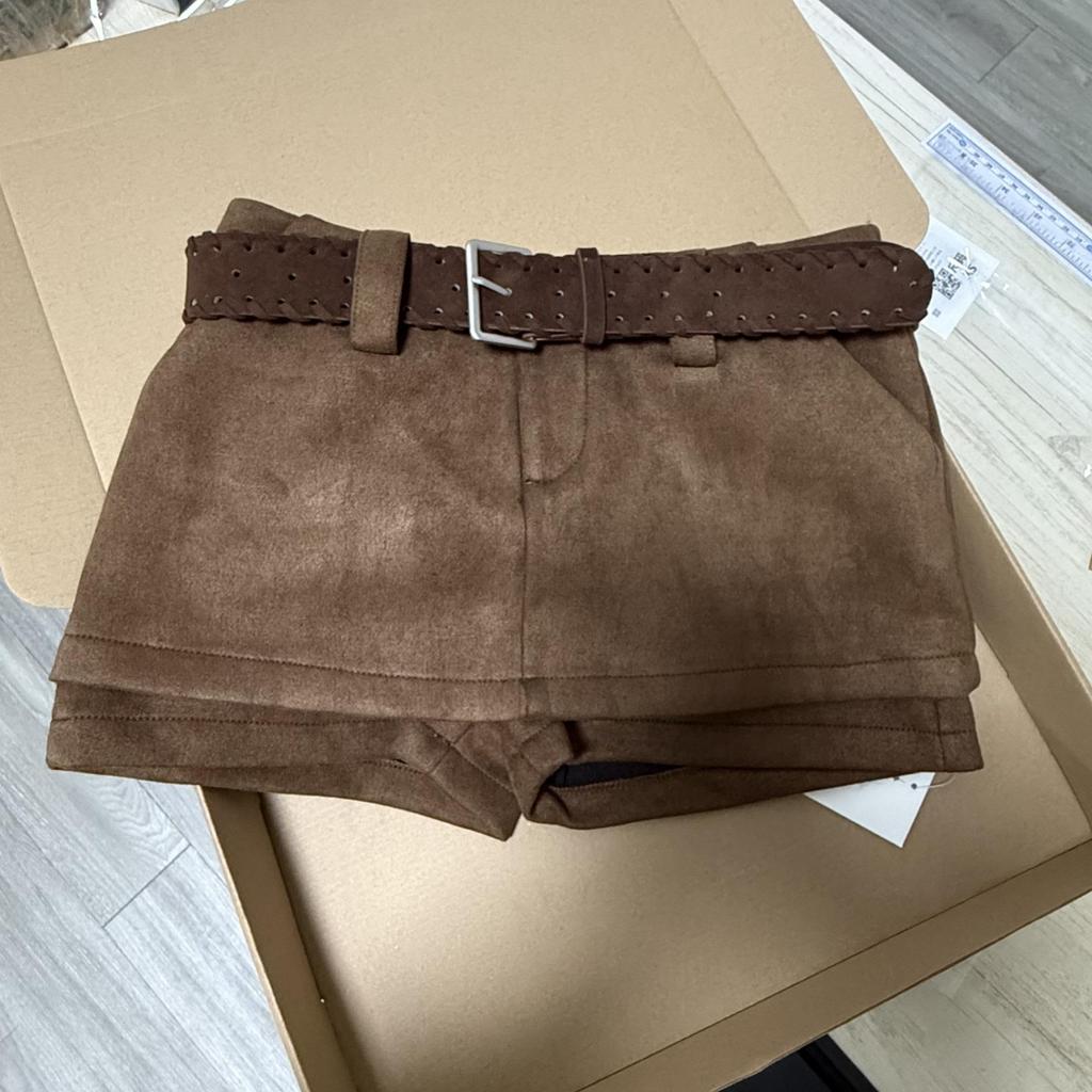 Maillard Style Women's High Waist Suede Plush Shorts with Belt - Coffee Color, Autumn/Winter Slimming Casual Pants