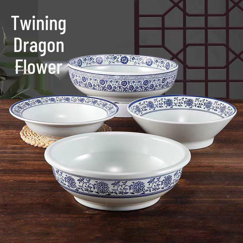 Blue & White Melamine Soup Bowl - Commercial Porcelain Imitation, Large Plastic Basin for Hotels & Restaurants