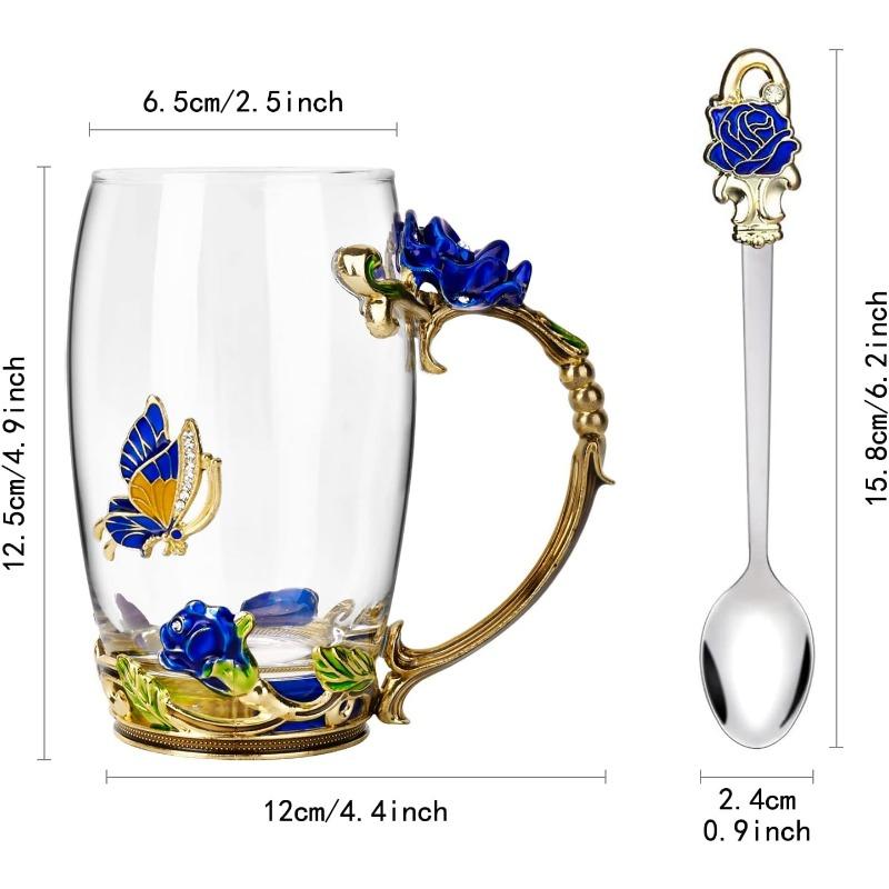 Glass Coffee Enamels Mug with Steel Spoon ,Best Birthday Valentines Gifts for Women,Enamel Flower Lead-free Glass Coffee Mugs Tea Cup