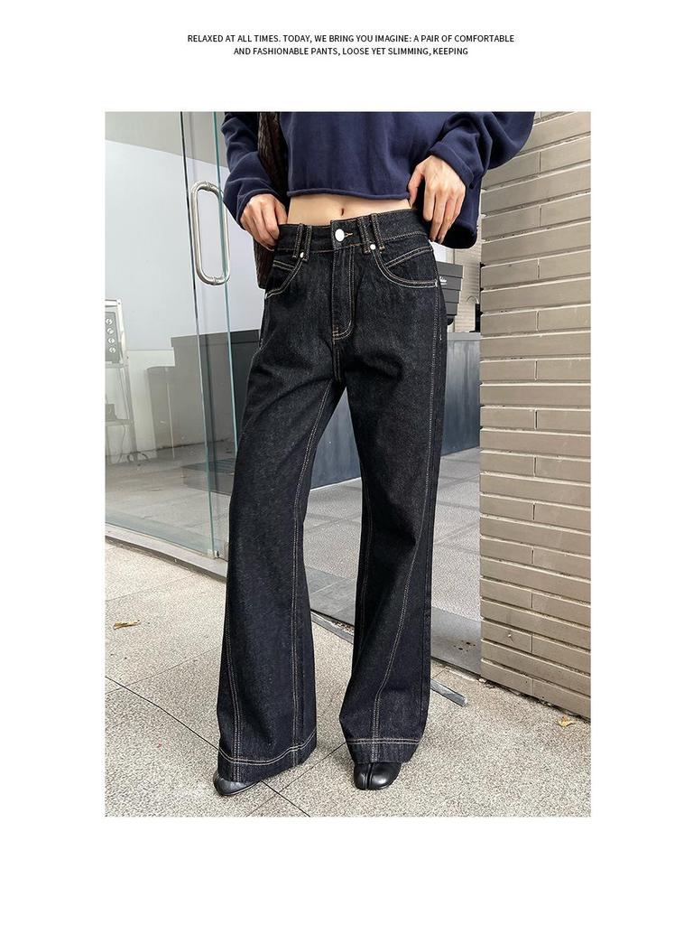 Damspecifika Högmidjade Retro Jeans med Kontraststygn och Vida Ben