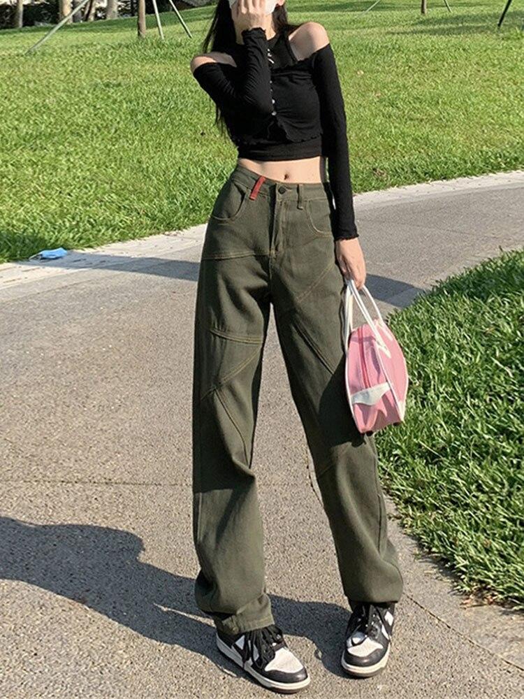 

2022 Осенняя мода на молнии, мешковатые брюки-карго, женские спортивные штаны с высокой талией, винтажные уличные карманы, широкие прямые джинсы XL