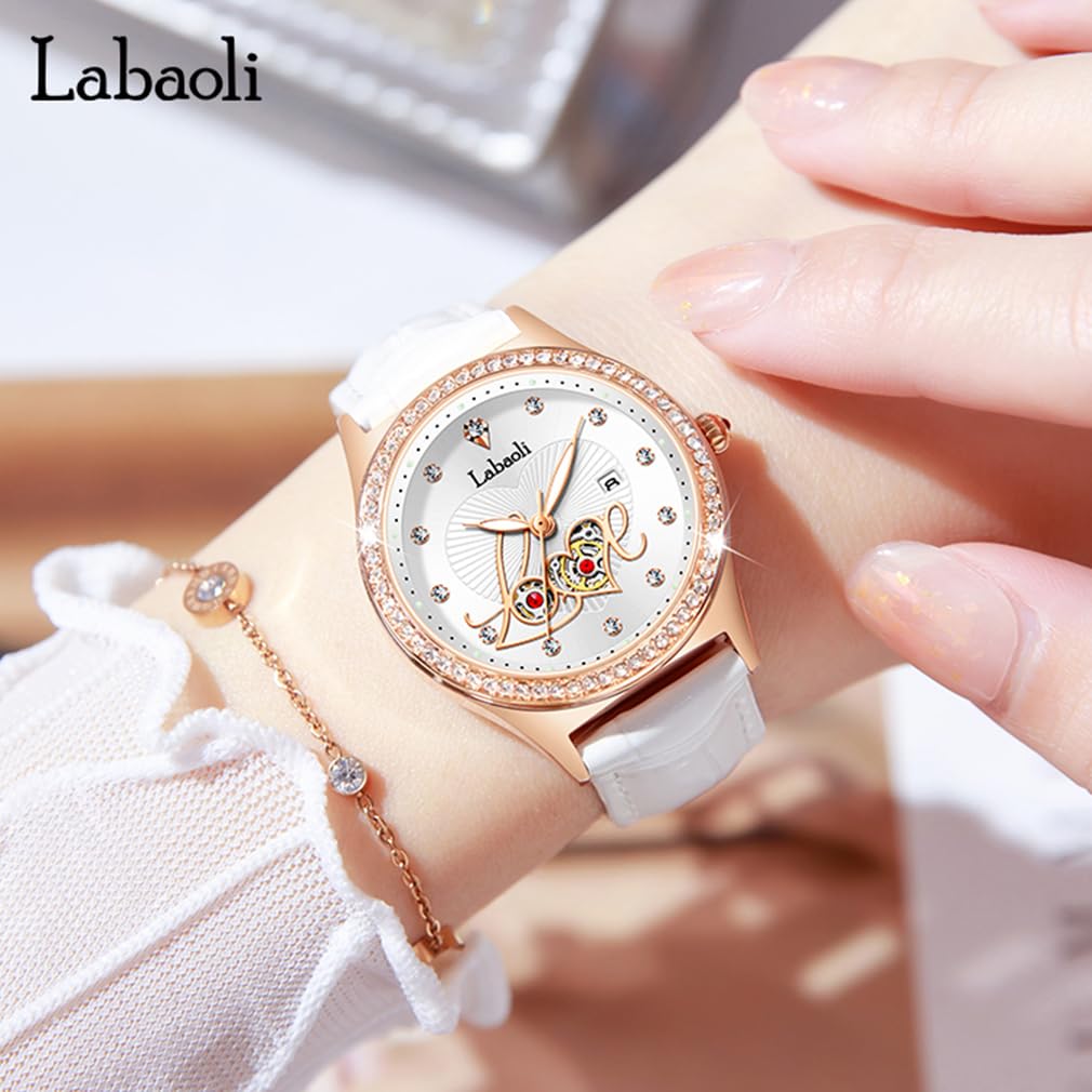 Love Watch Diamond Wristwatch with Leather White Women's Strap, Stylish, Waterproof, Simple, Business, Cute, Casual, Luxury, Gift,