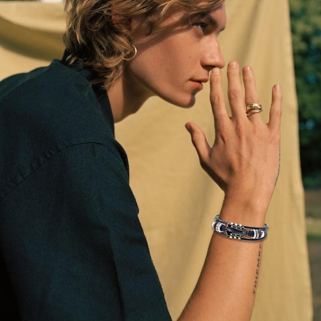 Punk Style Braided Guitar Bracelet Zinc Alloy Adjustable Buckle Manual Woven Faux Leather 3-Layered Punk Retro Wrist Jewelry