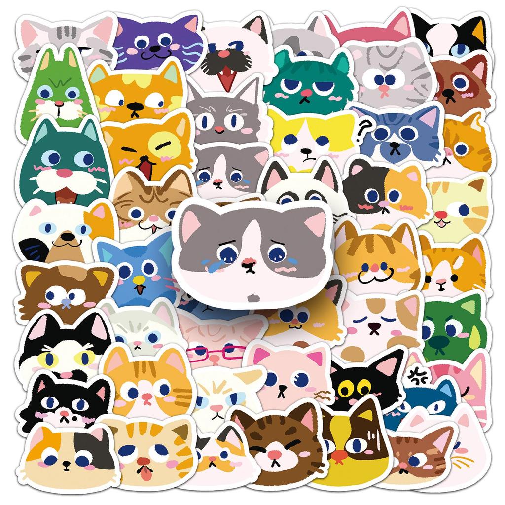 50PCS Cute Cat Head Stickers: Original Cartoon Graffiti Waterproof Decals for Journals and Thermos Cups.