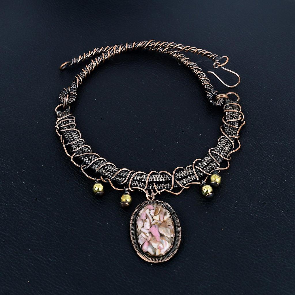 Copper Rhodochrosite Necklace Gemstone Jewelry, 999 Copper Wire Wrapped Necklace, Adjustable Handmade Chain Necklace Gift For Wife Jewelry