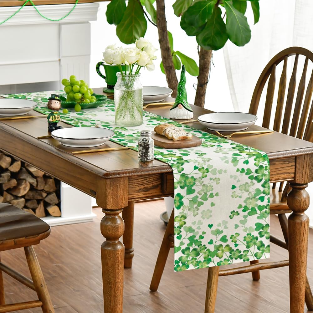 Artoid Mode Shamrock Love Heart 210 GSM St. Patrick's Day Table Runner, Seasonal Spring Kitchen Dining Table Decoration for Home Party Decor 13x72