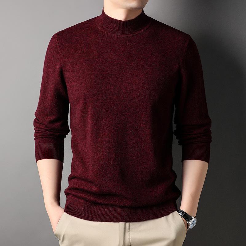 Machine Washable Thickened Full Wool Men's Half Turtleneck Sweater Versatile Solid Color Warm Knitted Base Sweater Men