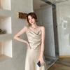 Damen ärmelloses Satin-Midikleid mit Schalkragen, elegant, A-Linie, Slip-Partykleid