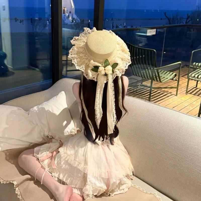

Summer small fresh and sweet hat female imitation flower flat top sunshade sunscreen hat bow straw straw hat One Size