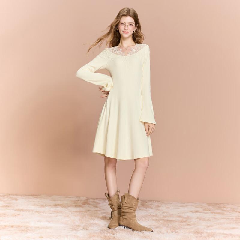 Sancai 2026 Winter Lace-Trimmed A-Line Knit Dress