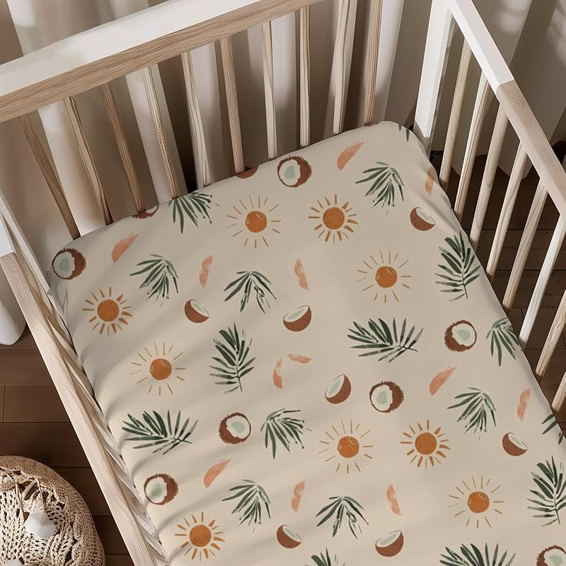Summer Palm Coconut Sun Leaves Pattern Baby Sheets for Crib, Unisex Summer Theme Nursery Fitted Bed Sheet for Boys Girls Standard Crib and Toddler