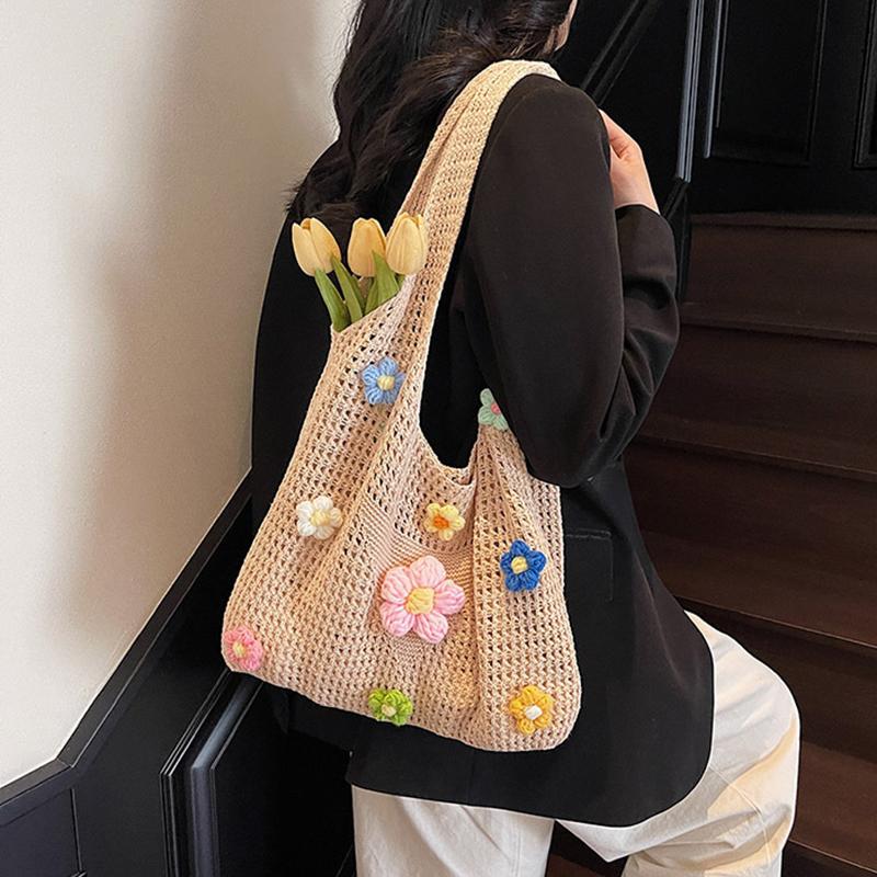 Crochet Mesh Beach Toted Bag,Bohemian Vacation Handbags Aesthetic Knit Shoulder Bag for Women Travel Bag KTB