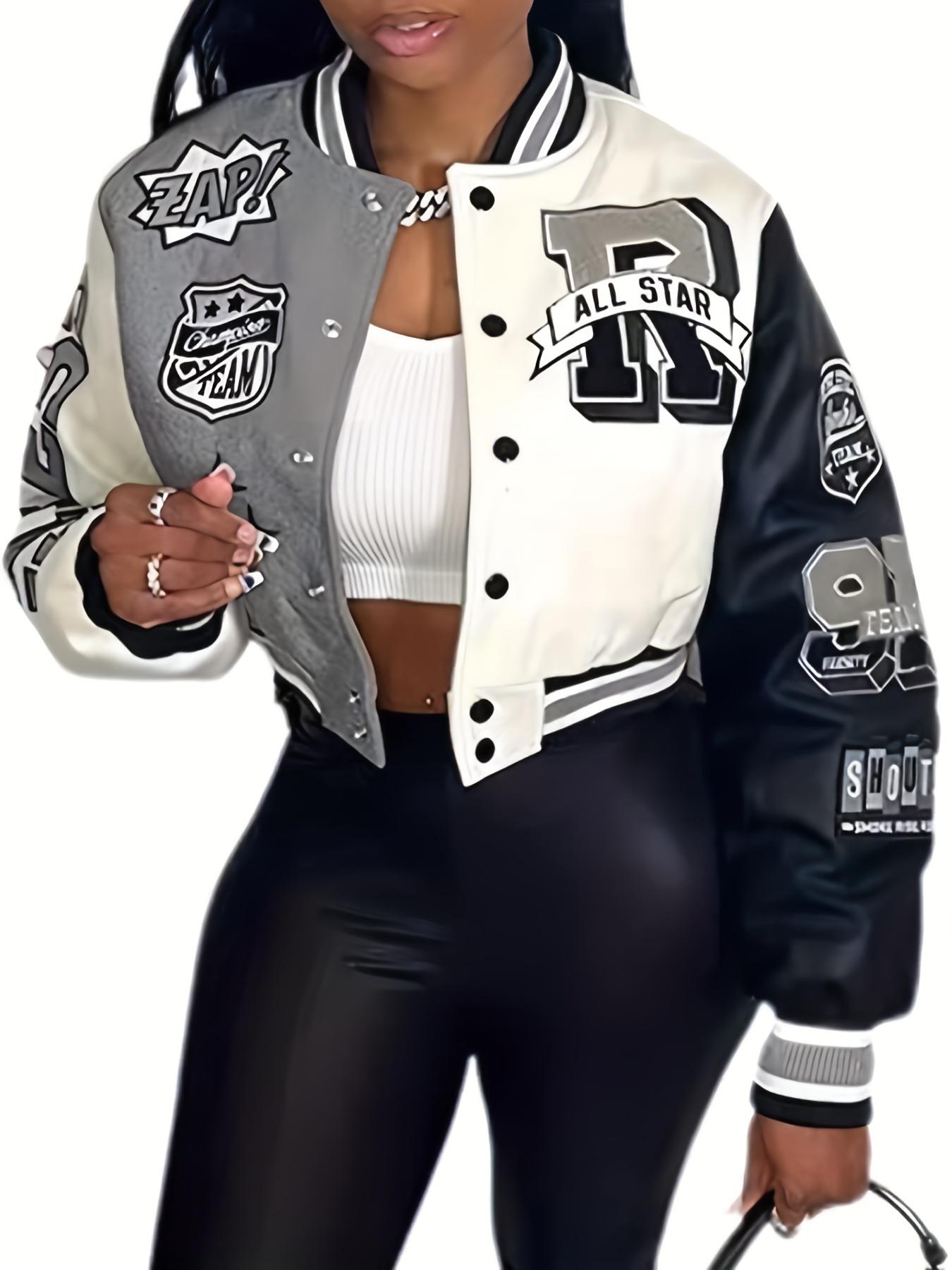 

Женская университетская куртка на пуговицах с буквенным принтом спереди, повседневная верхняя одежда с длинным рукавом и бейсбольным вырезом, пальто