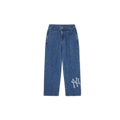 MLB New York Yankees Logo Solid Color Mid-Rise Cropped Jeans Women Bottoms Blue 3FDPB0741-50INS