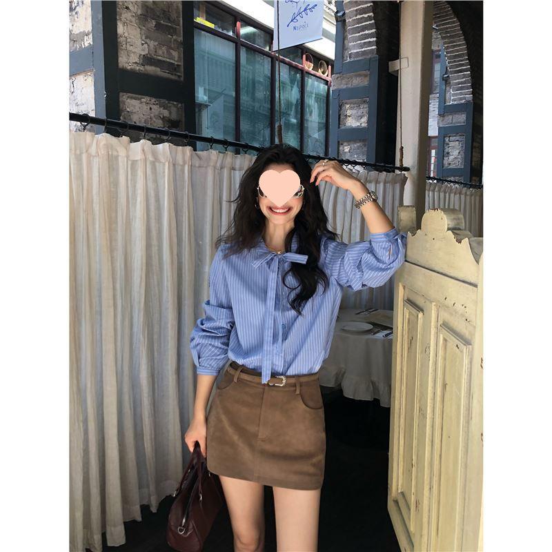 Pusumede Blue Striped Women s Long Sleeve Bow Tie Shirt S