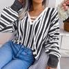 Women Fall Winter Contrast Stripe Tie Balloon Sleeve Sweater Loose All Match Chic Knitted Tops