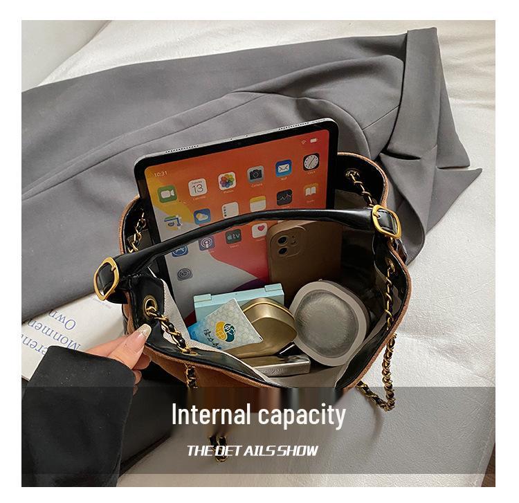 Brown Korean Style Quilted Suede Tote Bag with Adjustable Chain Strap